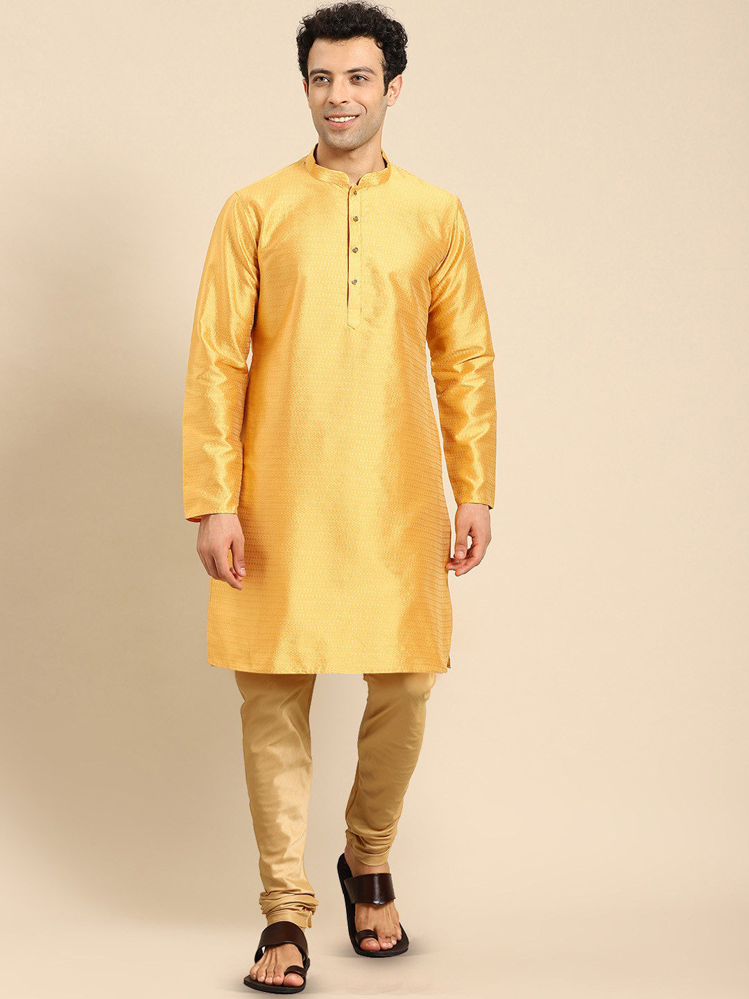 

Anouk Mustard Ethnic Motifs Woven Design Mandarin Collar Regular Kurta With Churidar