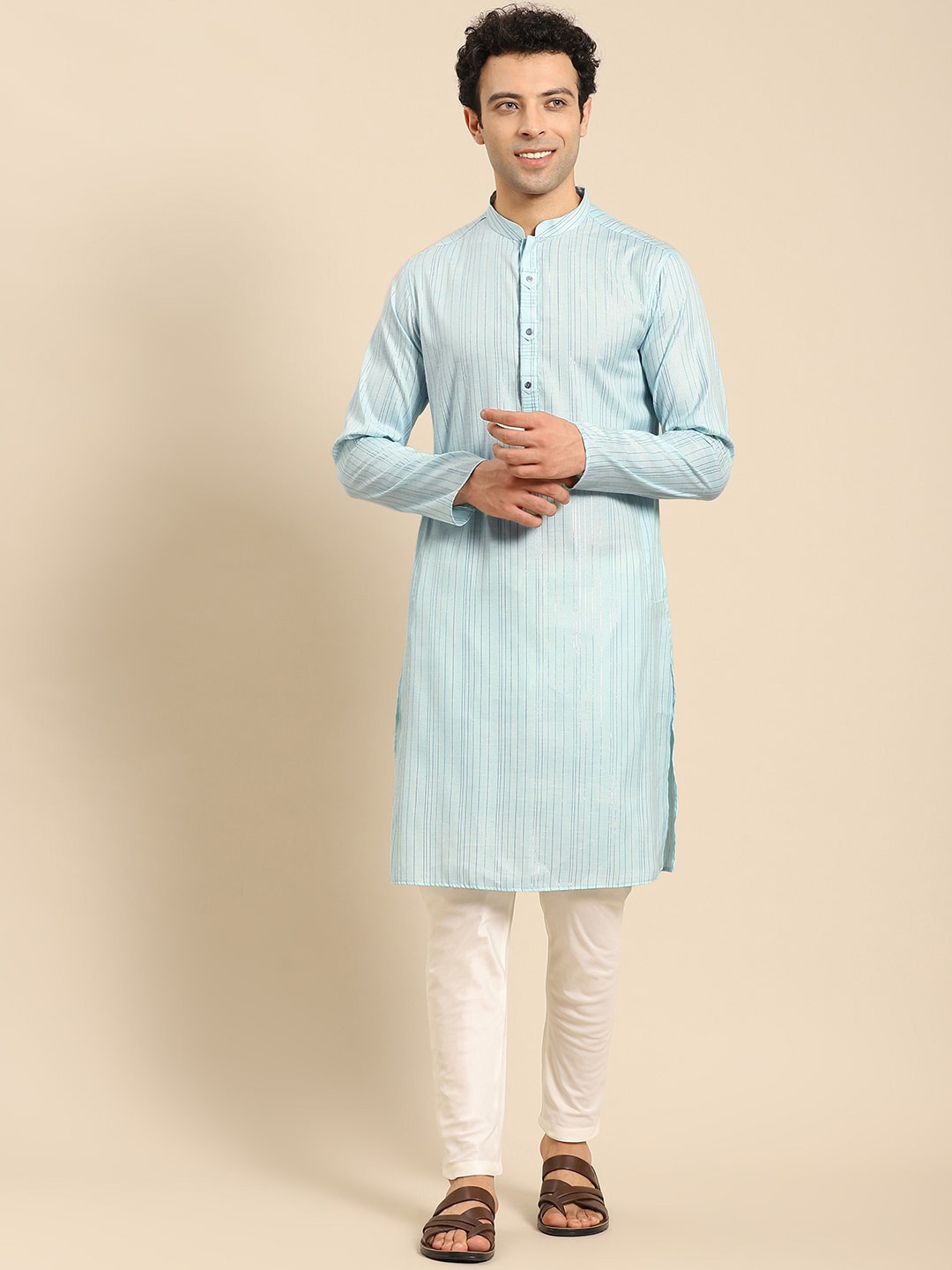 

Anouk Blue Striped Mandarin Collar Regular Kurta With Pyjamas