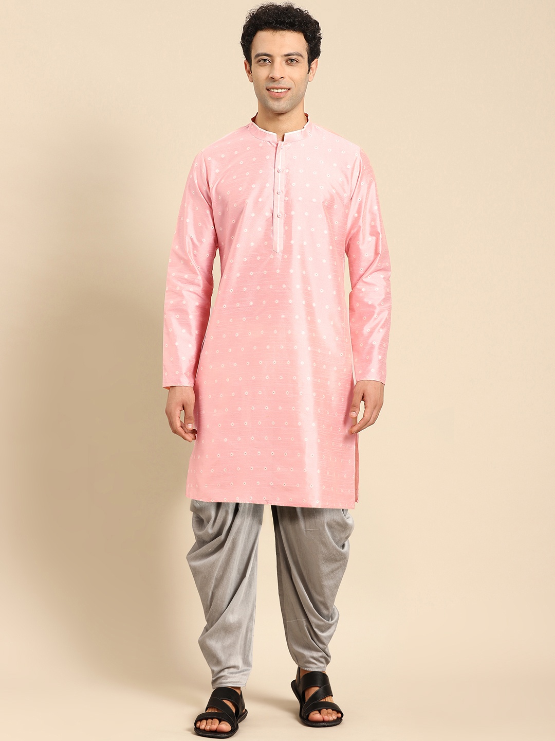 Anouk Pink Ethnic Motifs Woven Design Mandarin Collar Regular Kurta With Dhoti Pants