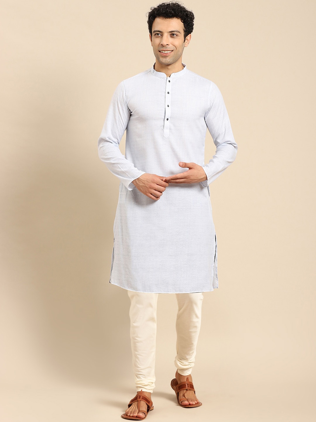 

Anouk Blue Mandarin Collar Regular Kurta With Churidar