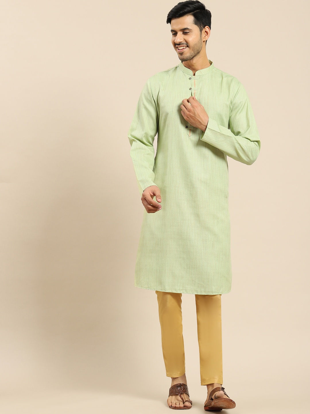 Anouk Lime Green & Beige Woven Design Mandarin Collar Regular Kurta With Trousers