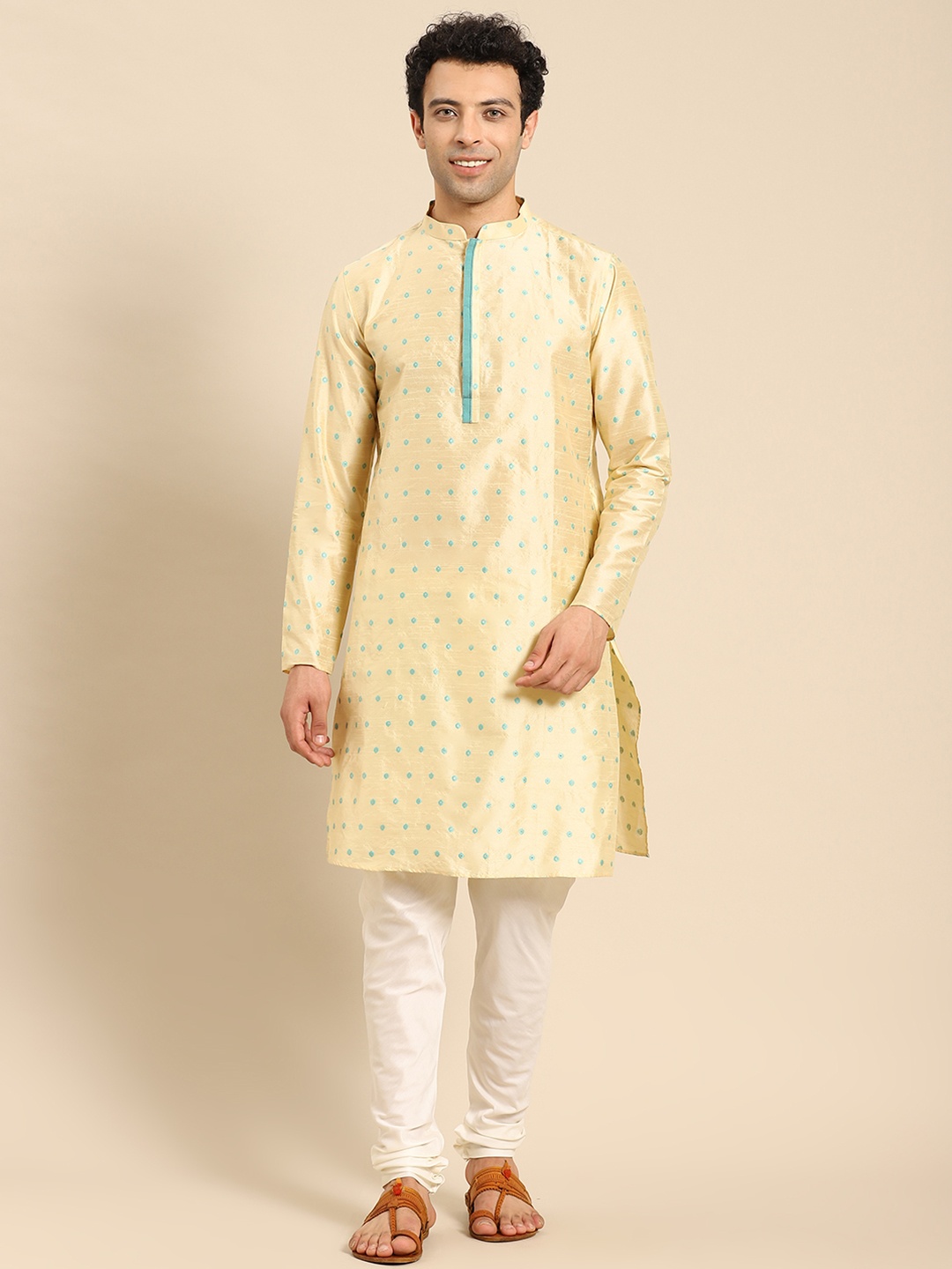 

Anouk Beige Ethnic Motifs Woven Design Mandarin Collar Regular Kurta With Churidar