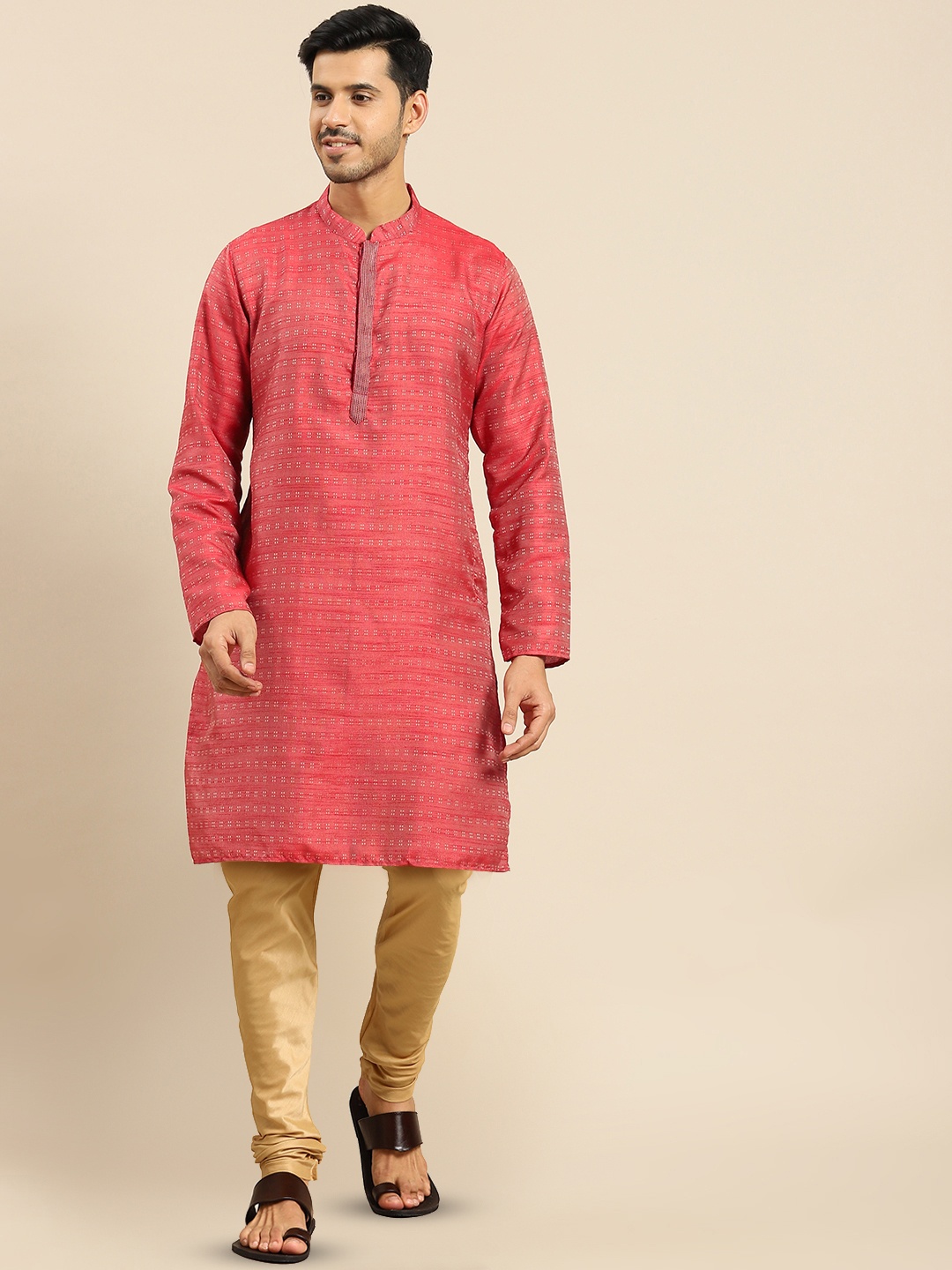 

Anouk Red & Beige Woven Design Regular Kurta With Trousers