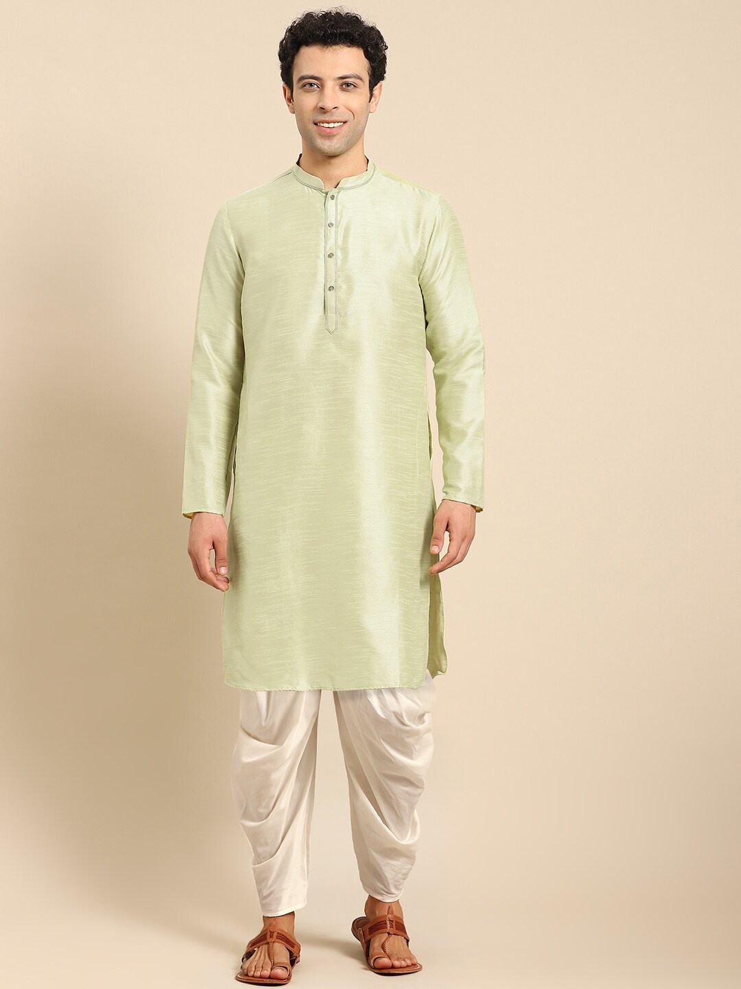 

Anouk Green Mandarin Collar Regular Kurta With Dhoti Pants