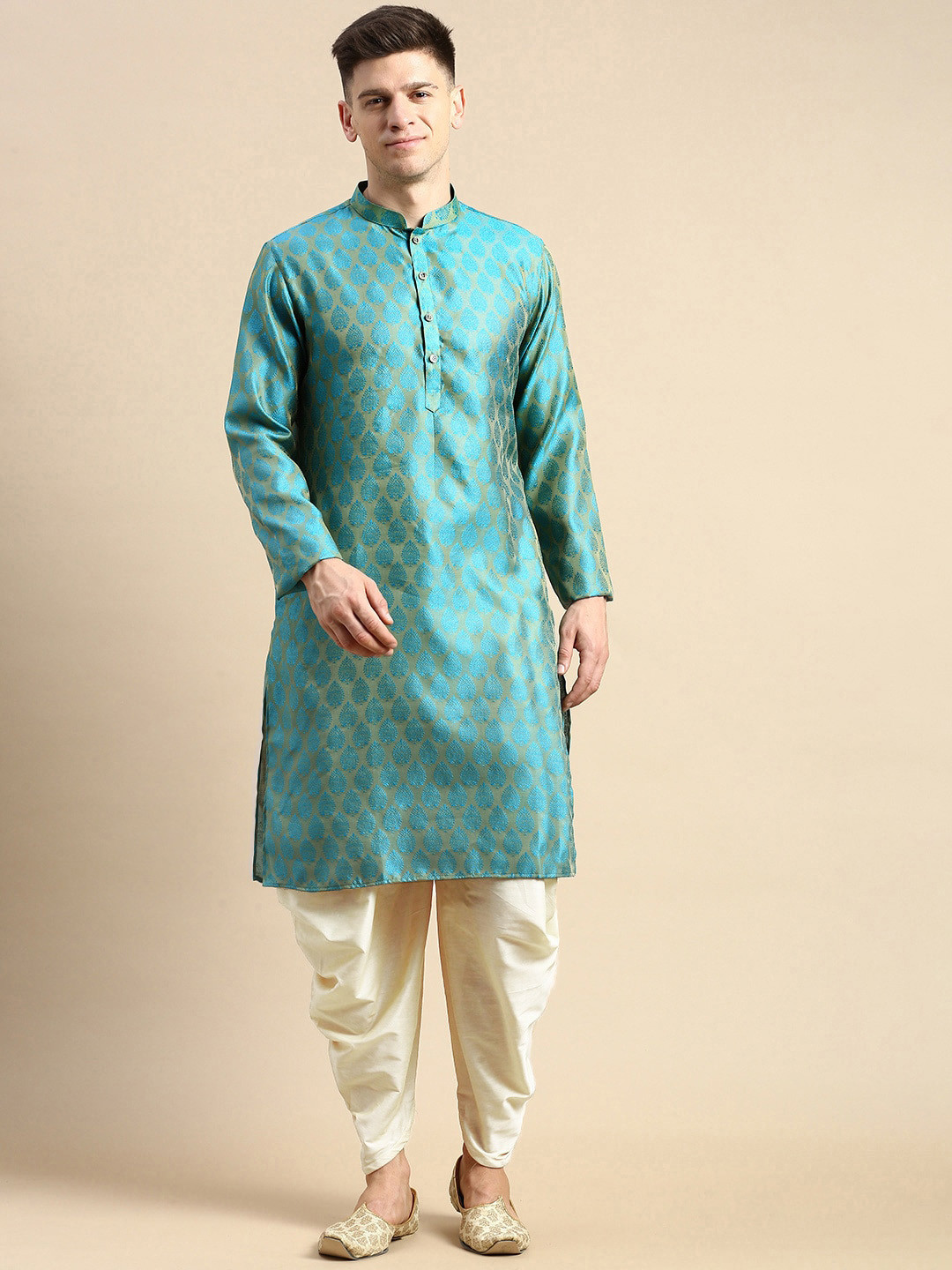 

Anouk Ethnic Motifs Woven Design Art Silk Straight Kurta With Dhoti Pants, Teal