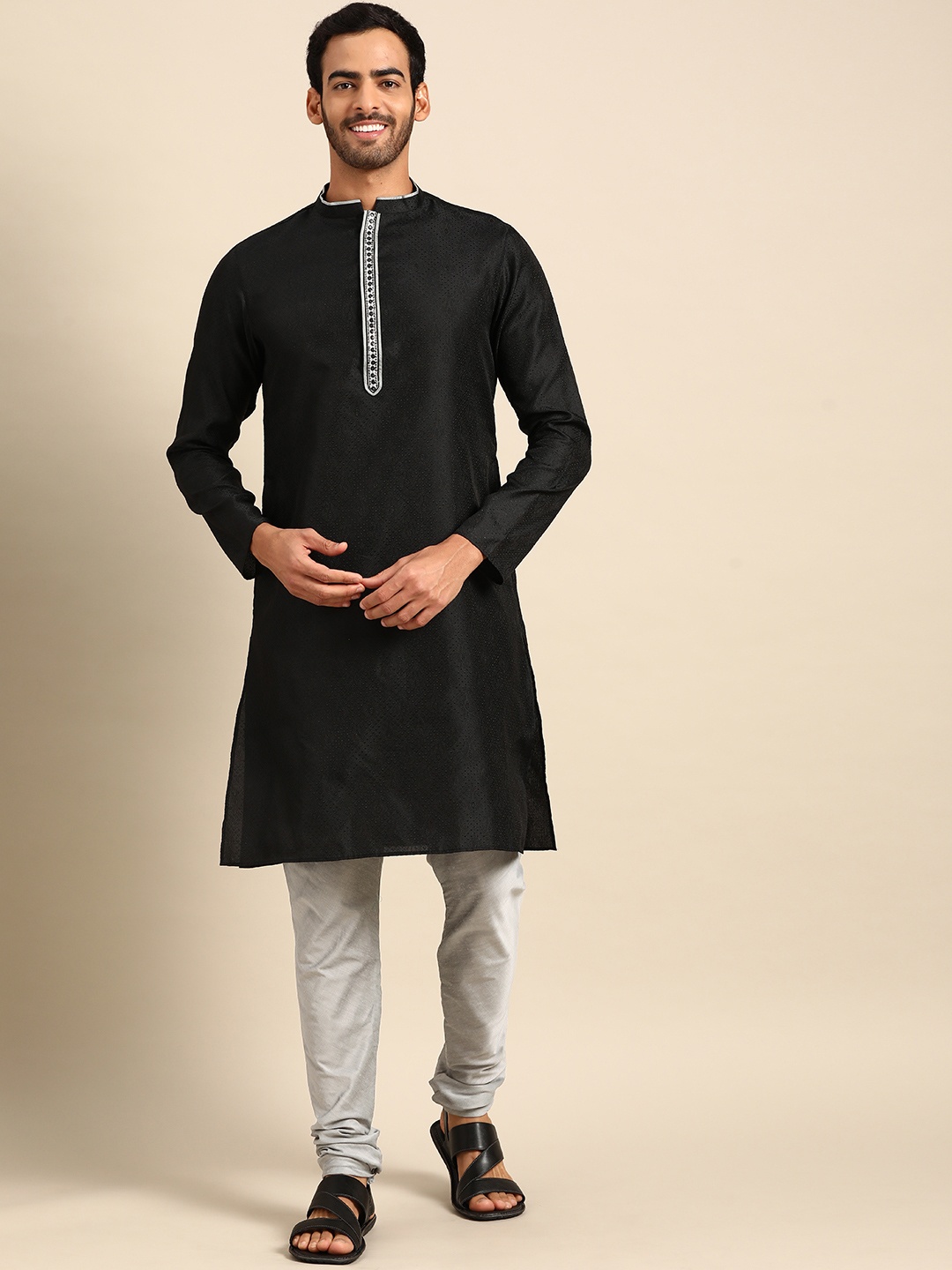 Anouk Mandarin Collar Straight Kurta With Churidar, Black