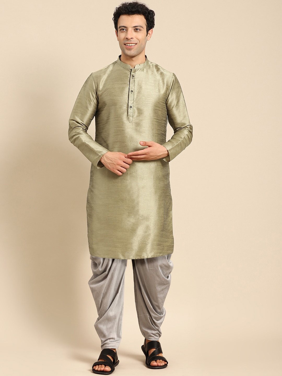 

Anouk Taupe Mandarin Collar Regular Kurta With Dhoti Pants