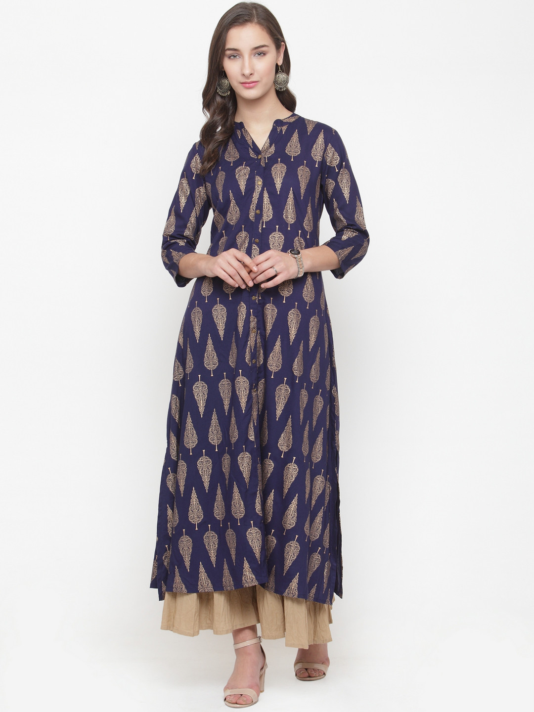 

Varanga Women Navy Blue & Gold-Toned Printed A-Line Kurta