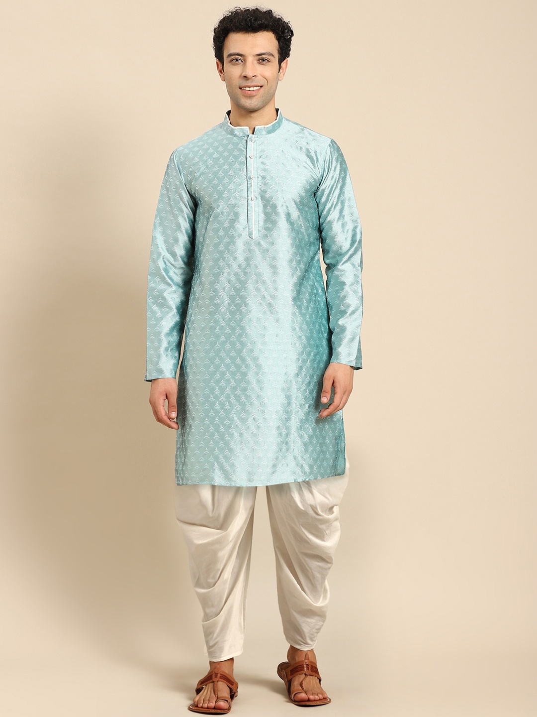 

Anouk Turquoise Blue Geometric Embroidered Mandarin Collar Straight Kurta with Dhoti Pants