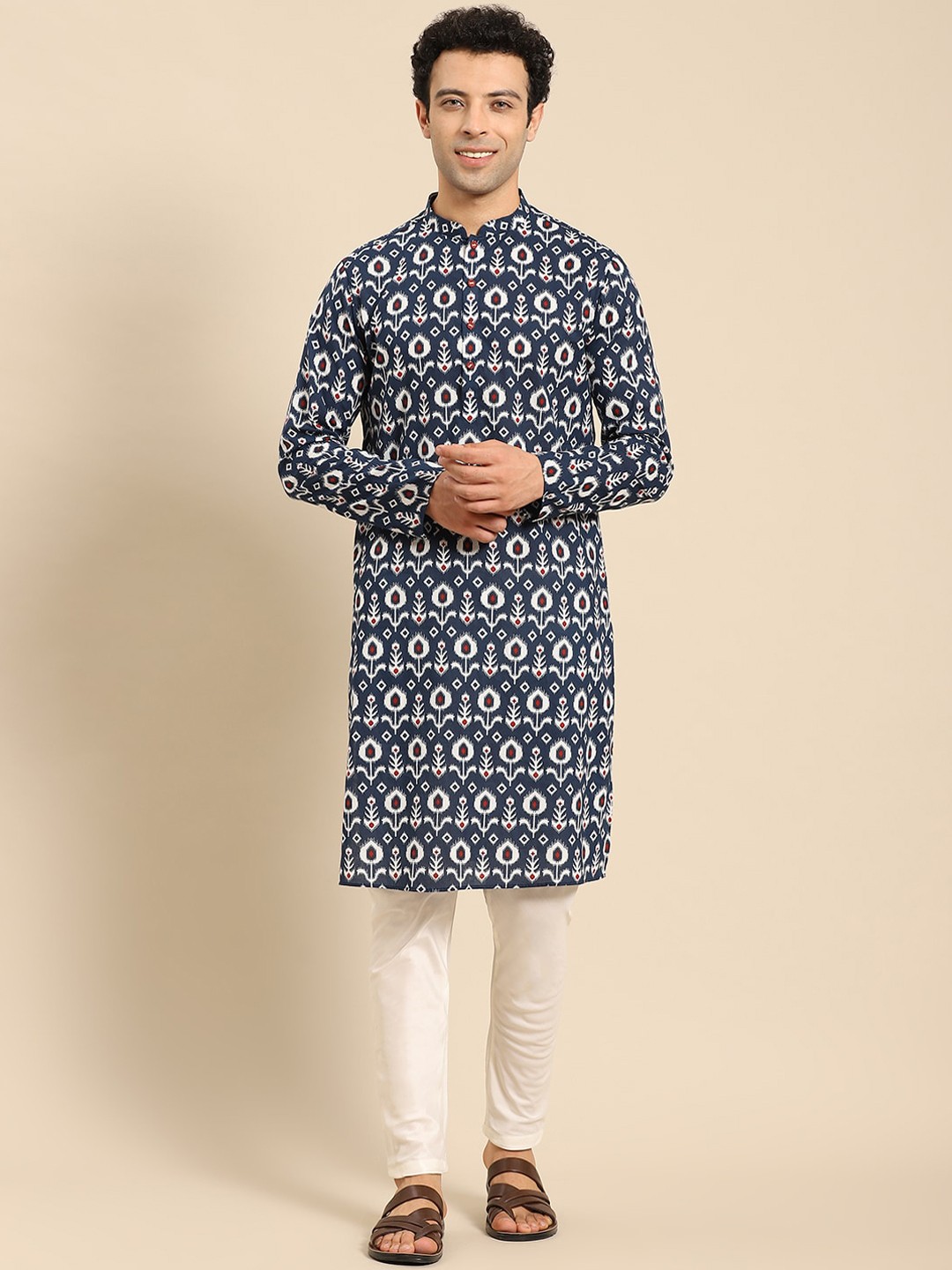 

Anouk Floral Printed Mandarin Collar Straight Kurta With Trouser, Blue