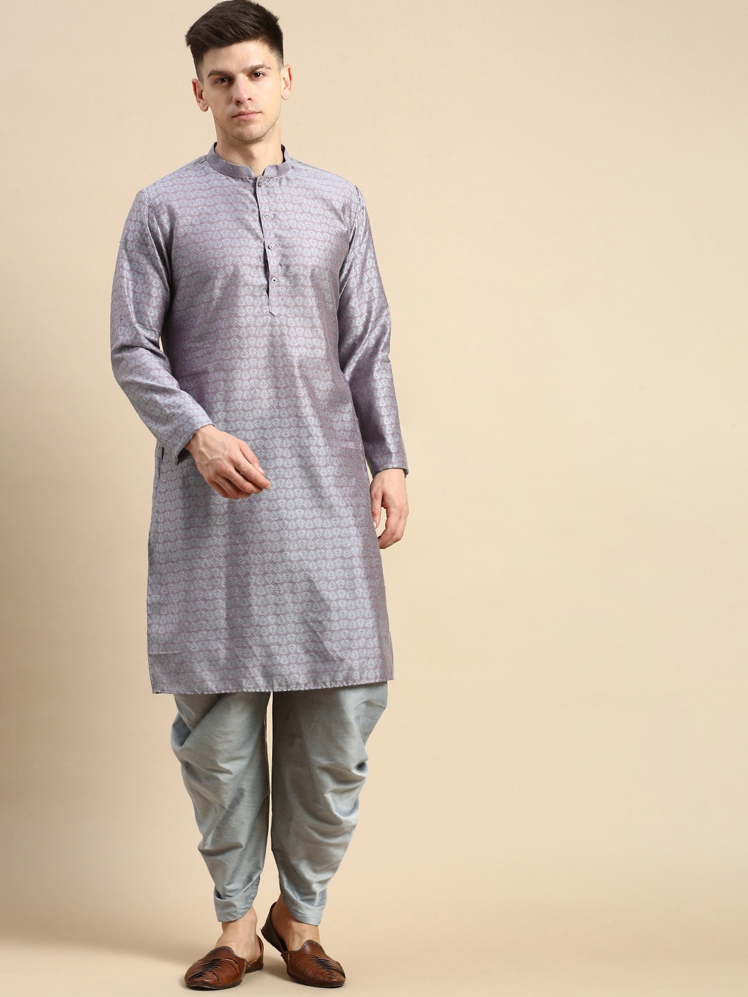 

Anouk Grey Ethnic Motifs Woven Design Mandarin Collar Straight Kurta With Dhoti Pants