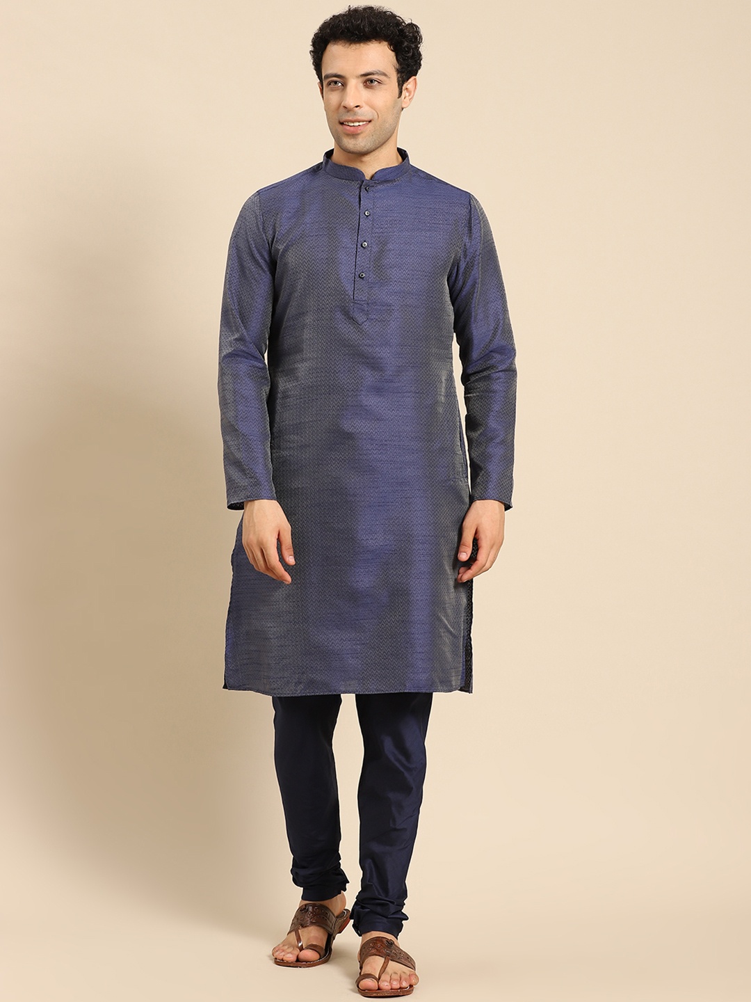 

Anouk Woven Design Mandarin Collar Straight Kurta With Churidar, Navy blue