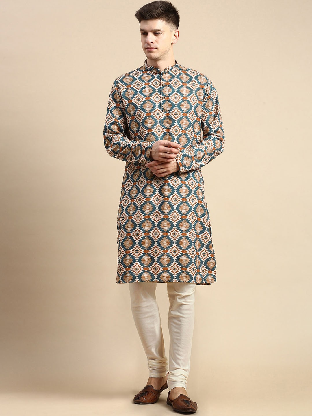 

Anouk Teal & Cream-Coloured Ethnic Motifs Printed Mandarin Collar Kurta with Churidar