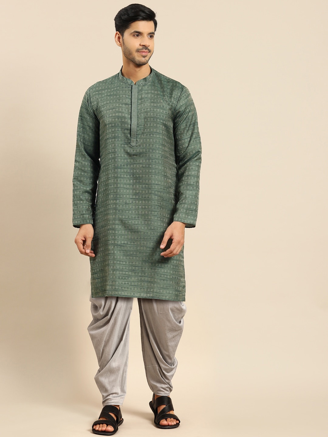 

Anouk Geometric Woven Design Mandarin Collar Straight Kurta With Dhoti Pants, Green