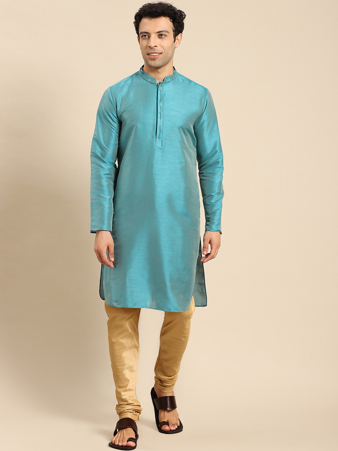 

Anouk Mandarin Collar Straight Kurta With Churidar, Blue
