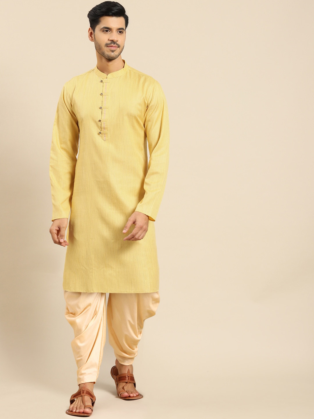 

Anouk Yellow Mandarin Collar Straight Kurta With Dhoti Pants
