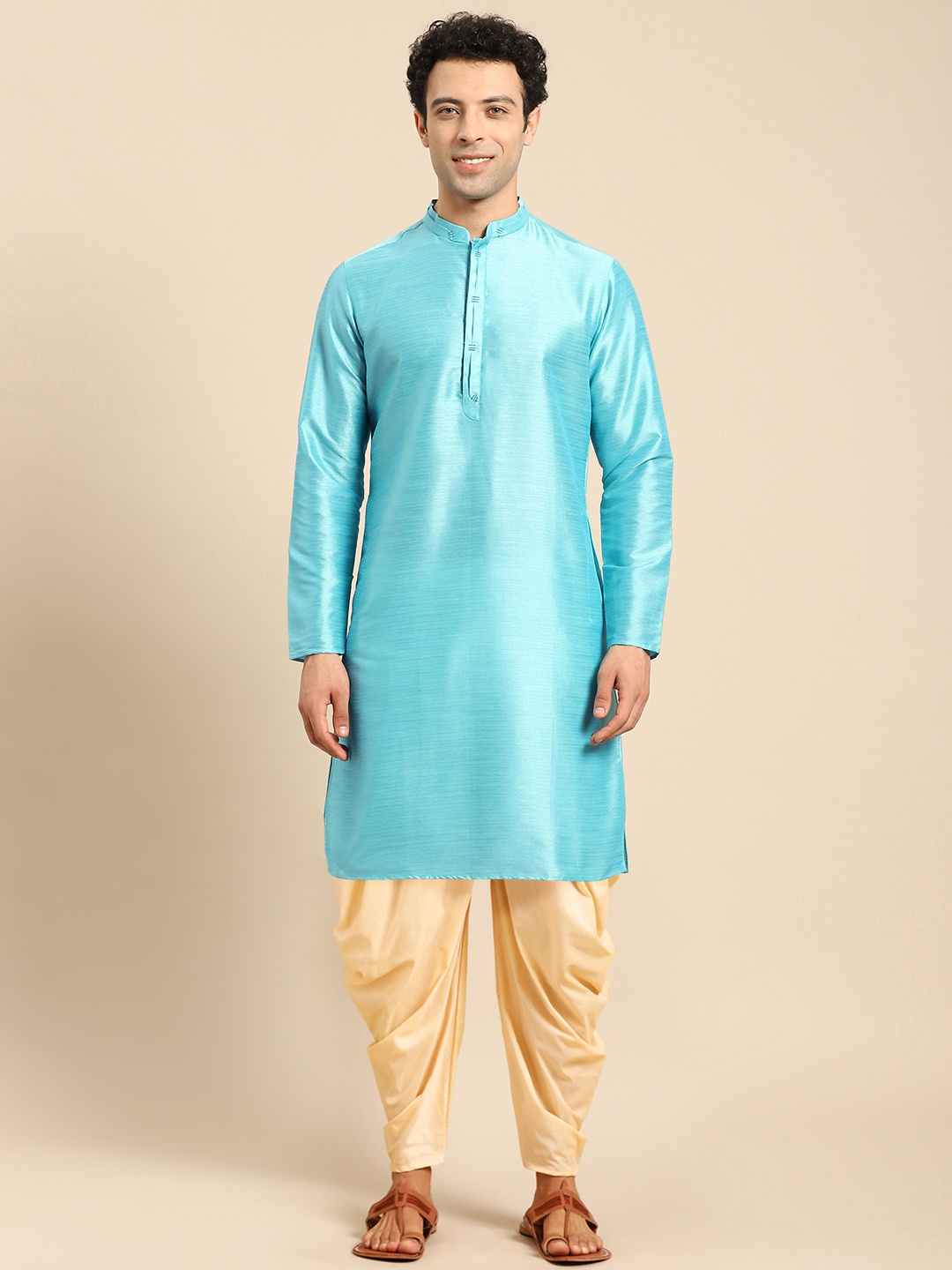 

Anouk Mandarin Collar Straight Kurta With Dhoti Pants, Turquoise blue