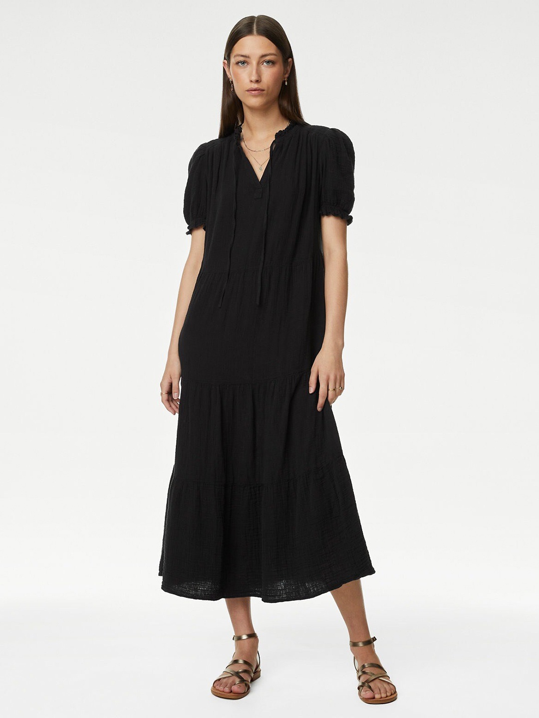 

Marks & Spencer Puff Sleeves Mandarin Collar Gathered Pure Cotton A-Line Midi Dress, Black