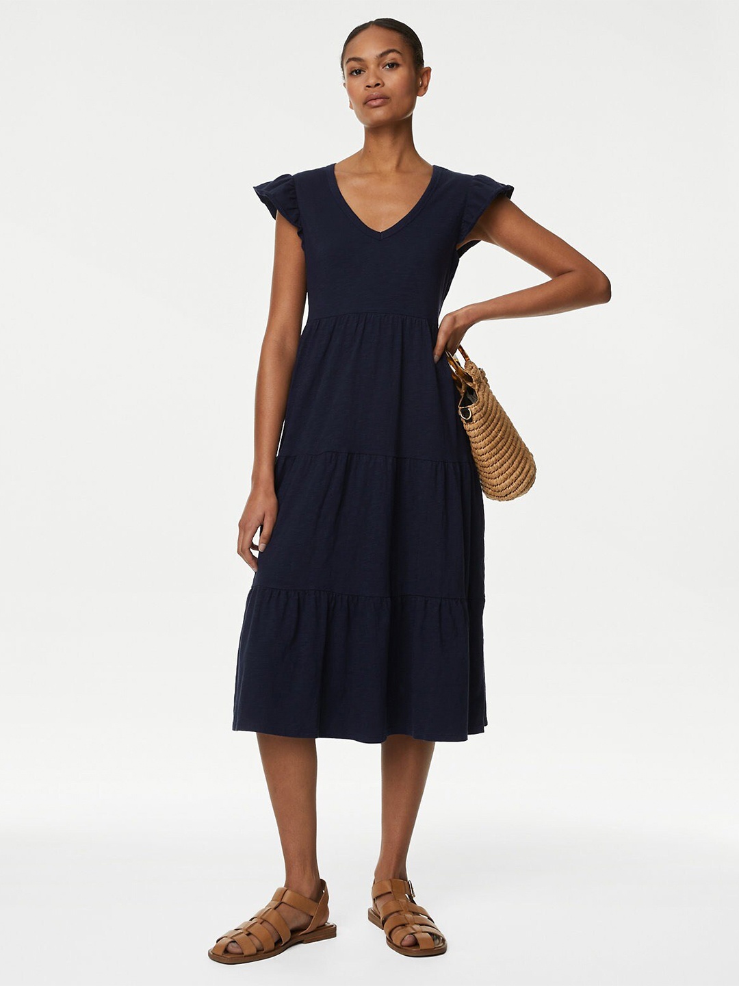 

Marks & Spencer Flutter Sleeves V-Neck Tiered Pure Cotton Fit & Flare Midi Dress, Navy blue