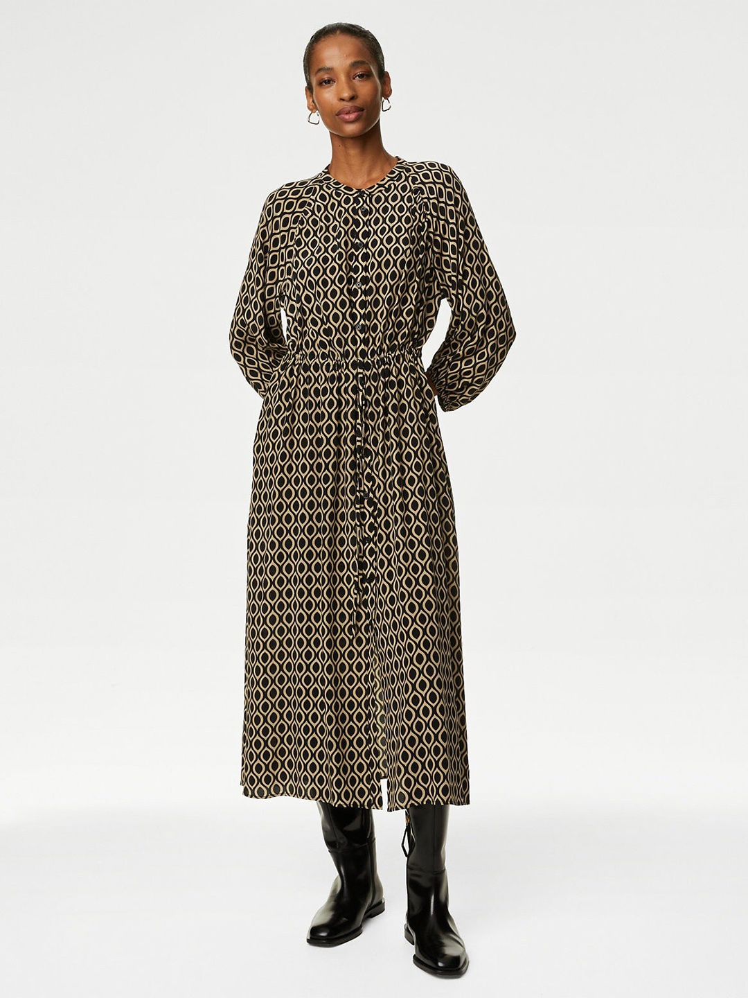 

Marks & Spencer Abstract Printed Puff Sleeves Midi Shirt Dress, Black