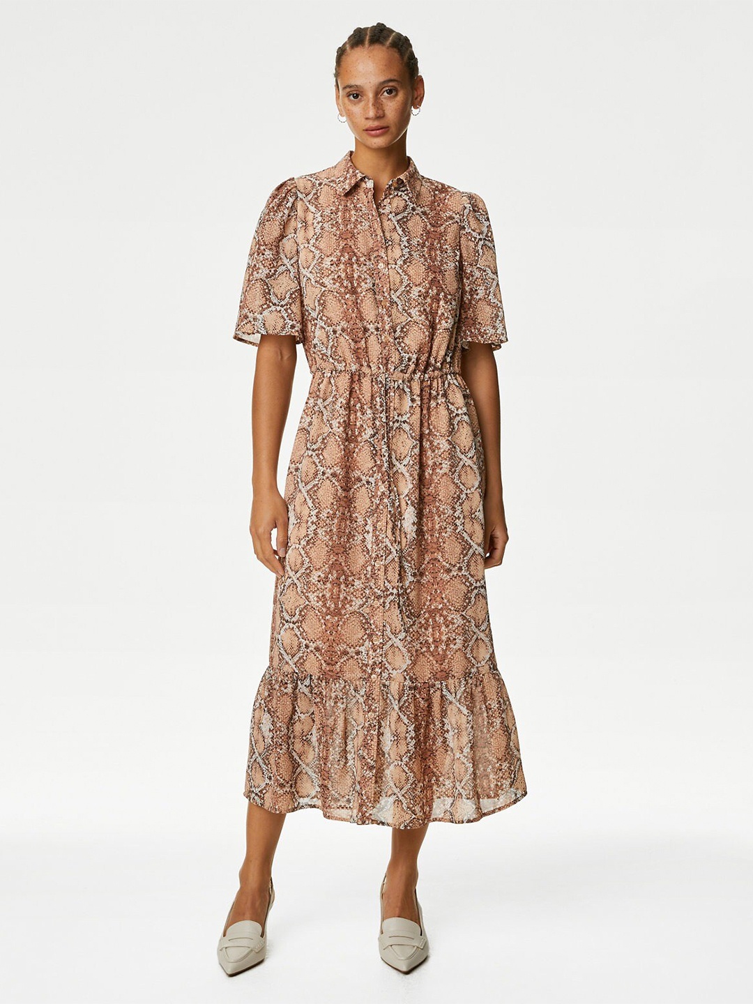 

Marks & Spencer Animal Print Shirt Collar Flared Sleeve Maxi Dress, Beige