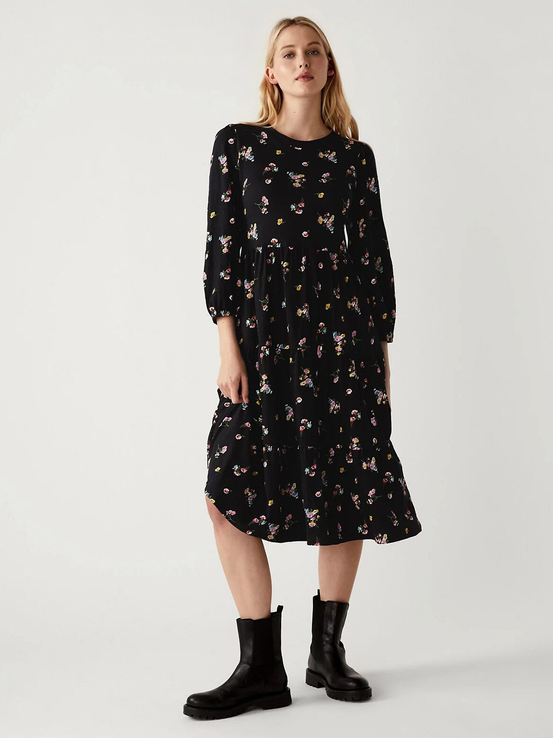

Marks & Spencer Floral Print A-Line Midi Dress, Black