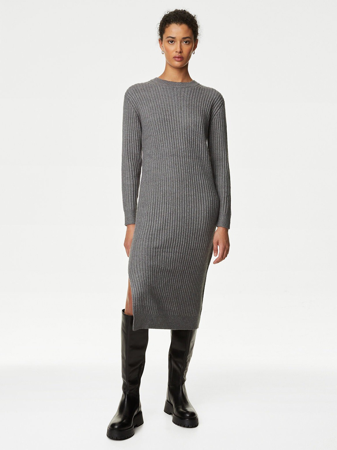 

Marks & Spencer Ribbed Self Design Long Sleeves Midi Jumper Dress, Grey