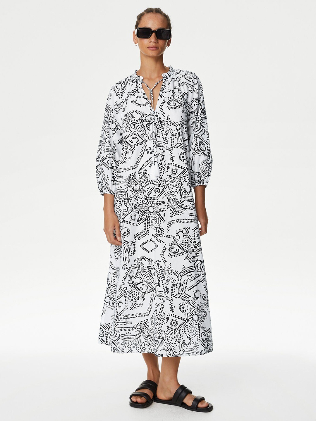 

Marks & Spencer Abstract Printed Puff Sleeves Tie-Up Neck Pure Cotton A-Line Midi Dress, White