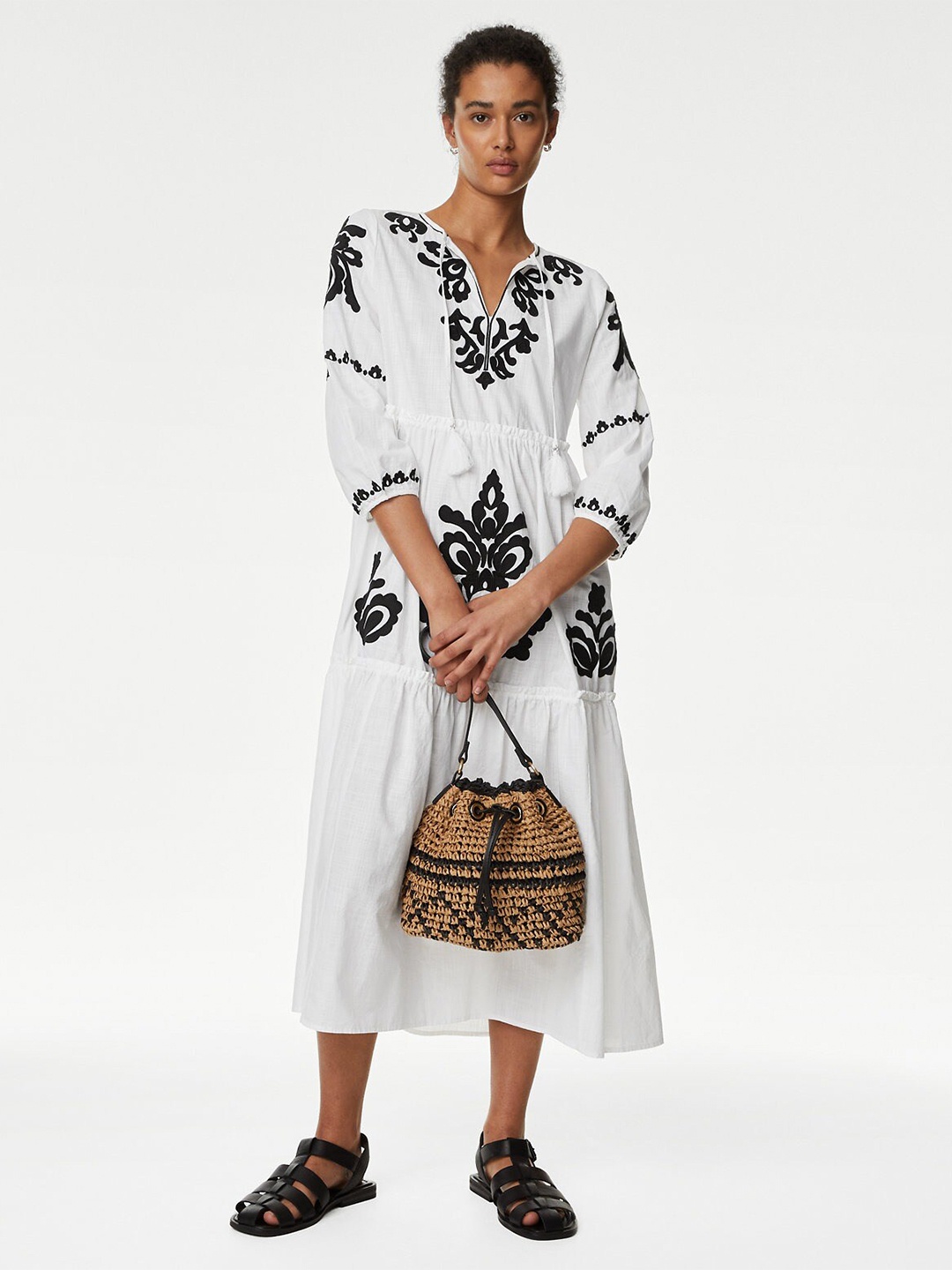 

Marks & Spencer Printed Tie-Up Neck Puff Sleeves Tiered Pure Cotton Fit & Flare Midi Dress, White