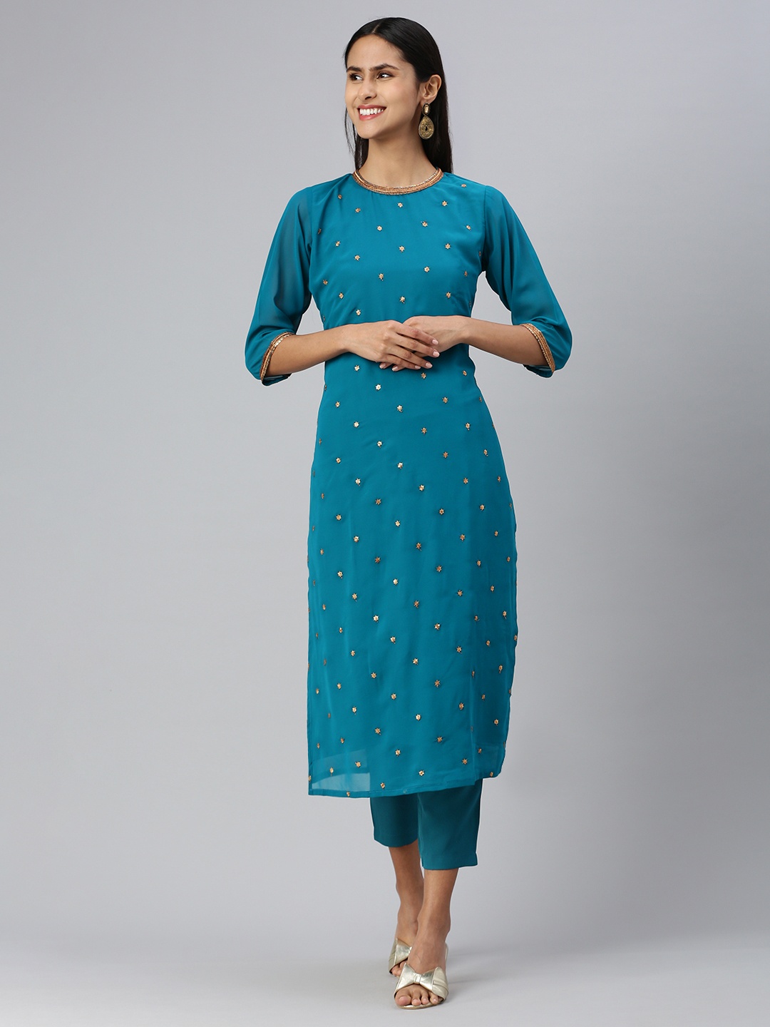 

KALINI Women Ethnic Motifs Embroidered Regular Sequinned Kurta with Trousers, Blue