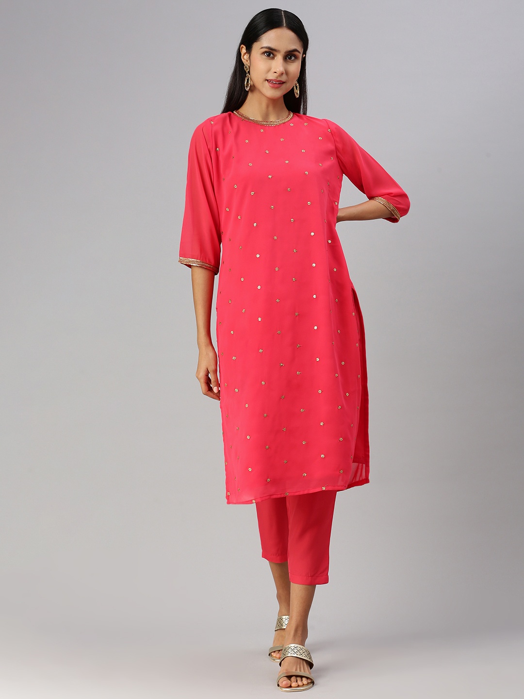 

KALINI Ethnic Motifs Embroidered Regular Sequinned Kurta with Trousers, Peach