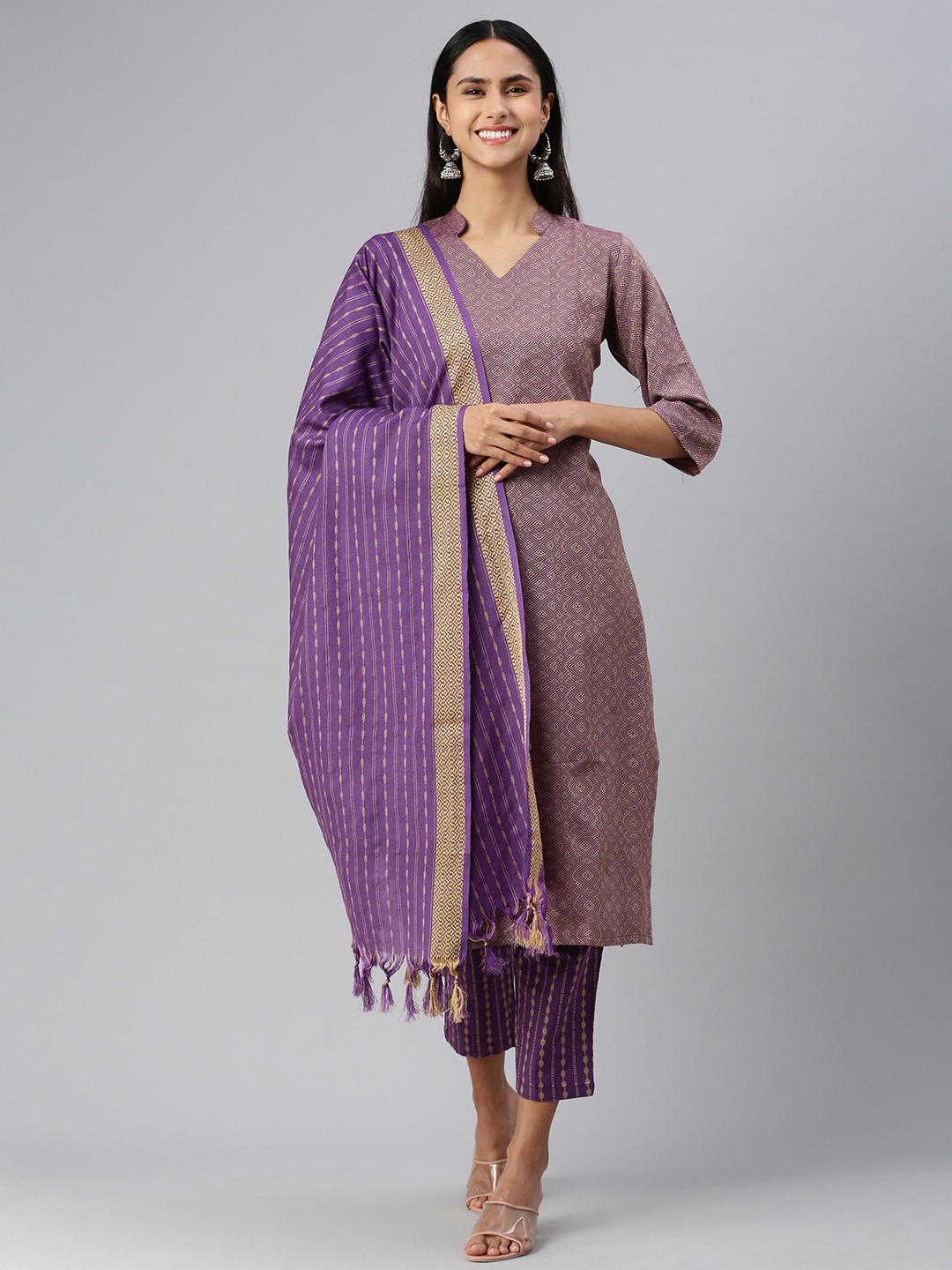 

KALINI Women Woven Design Regular Kurta with Trousers & With Dupatta, Purple