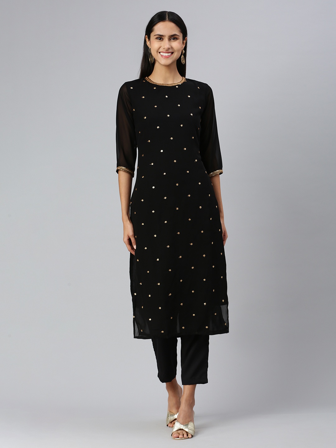 

KALINI Women Ethnic Motifs Embroidered Regular Sequinned Kurta with Trousers, Black
