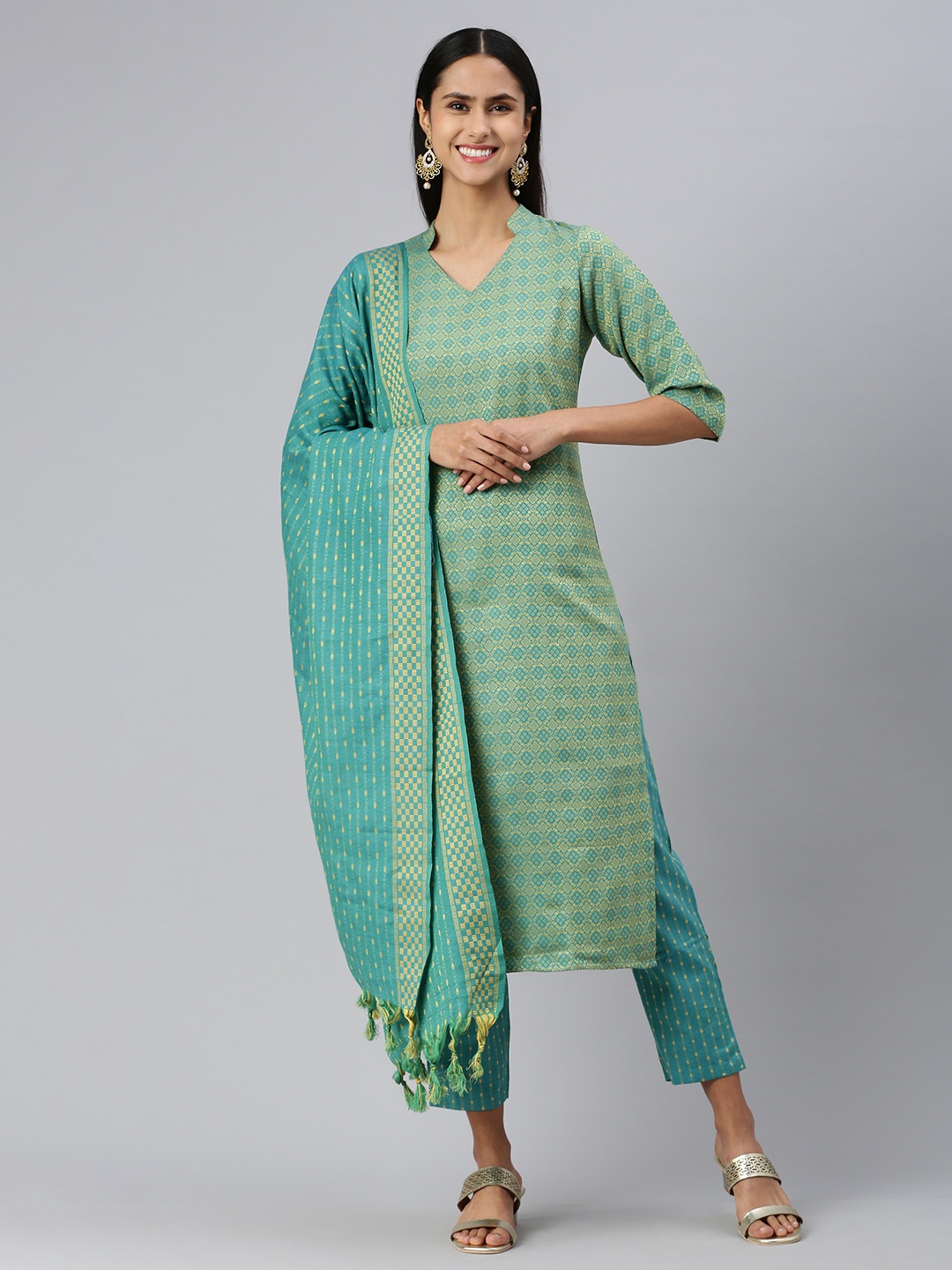 

KALINI Women Woven Design Regular Kurta with Trousers & With Dupatta, Green