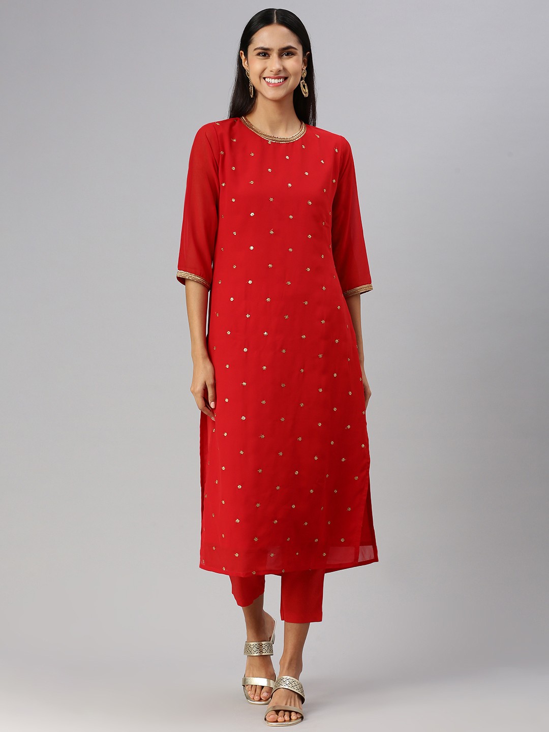 

KALINI Women Floral Embroidered Regular Sequinned Kurta with Trousers, Red