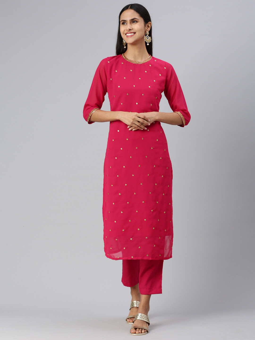 

KALINI Women Ethnic Motifs Embroidered Regular Sequinned Kurta with Trousers, Magenta