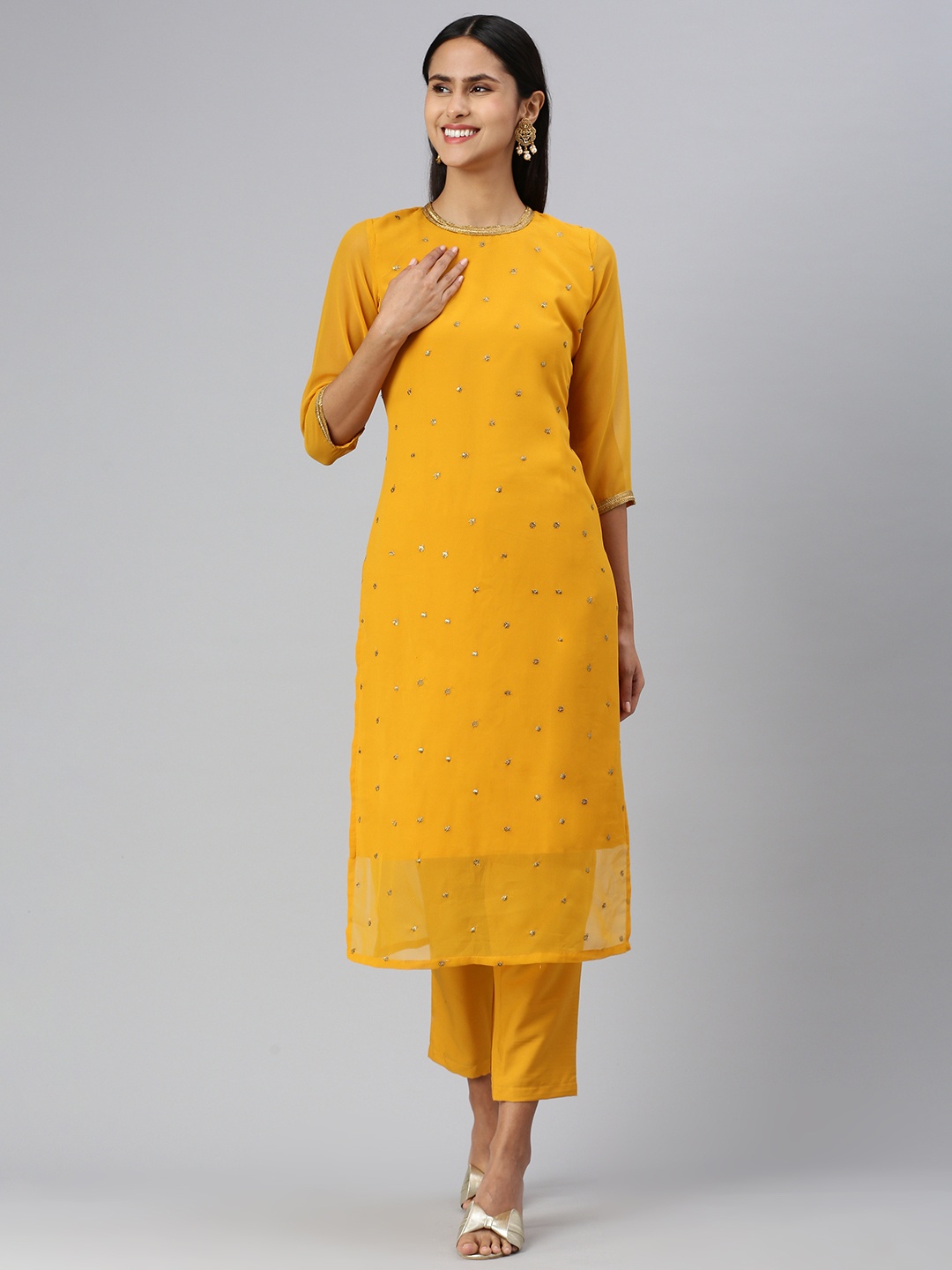 

KALINI Women Ethnic Motifs Embroidered Regular Sequinned Kurta with Trousers, Yellow