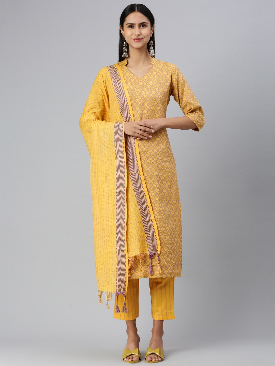 

KALINI Women Woven Design Regular Kurta with Trousers & With Dupatta, Yellow