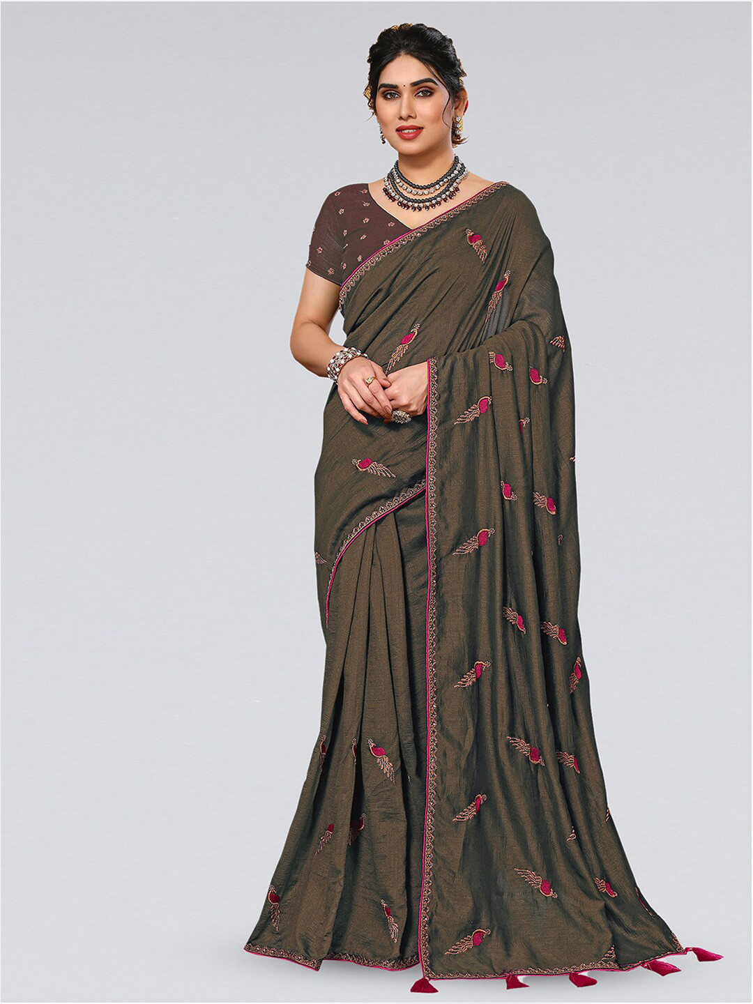 

SIRIL Ethnic Motifs Embroidered Art Silk Saree, Brown