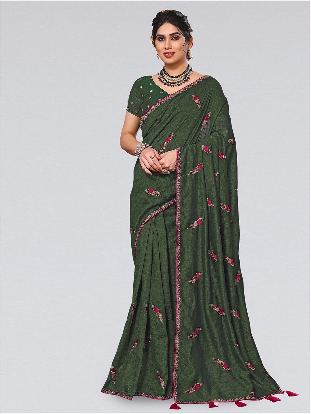 

SIRIL Ethnic Motifs Embroidered Art Silk Saree, Olive