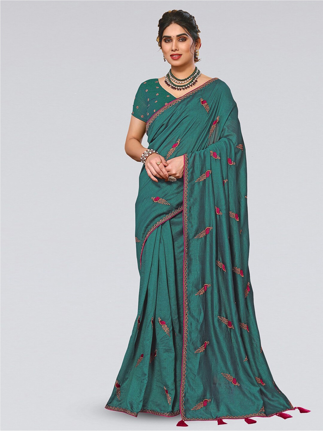 

SIRIL Ethnic Motifs Embroidered Art Silk Saree, Green