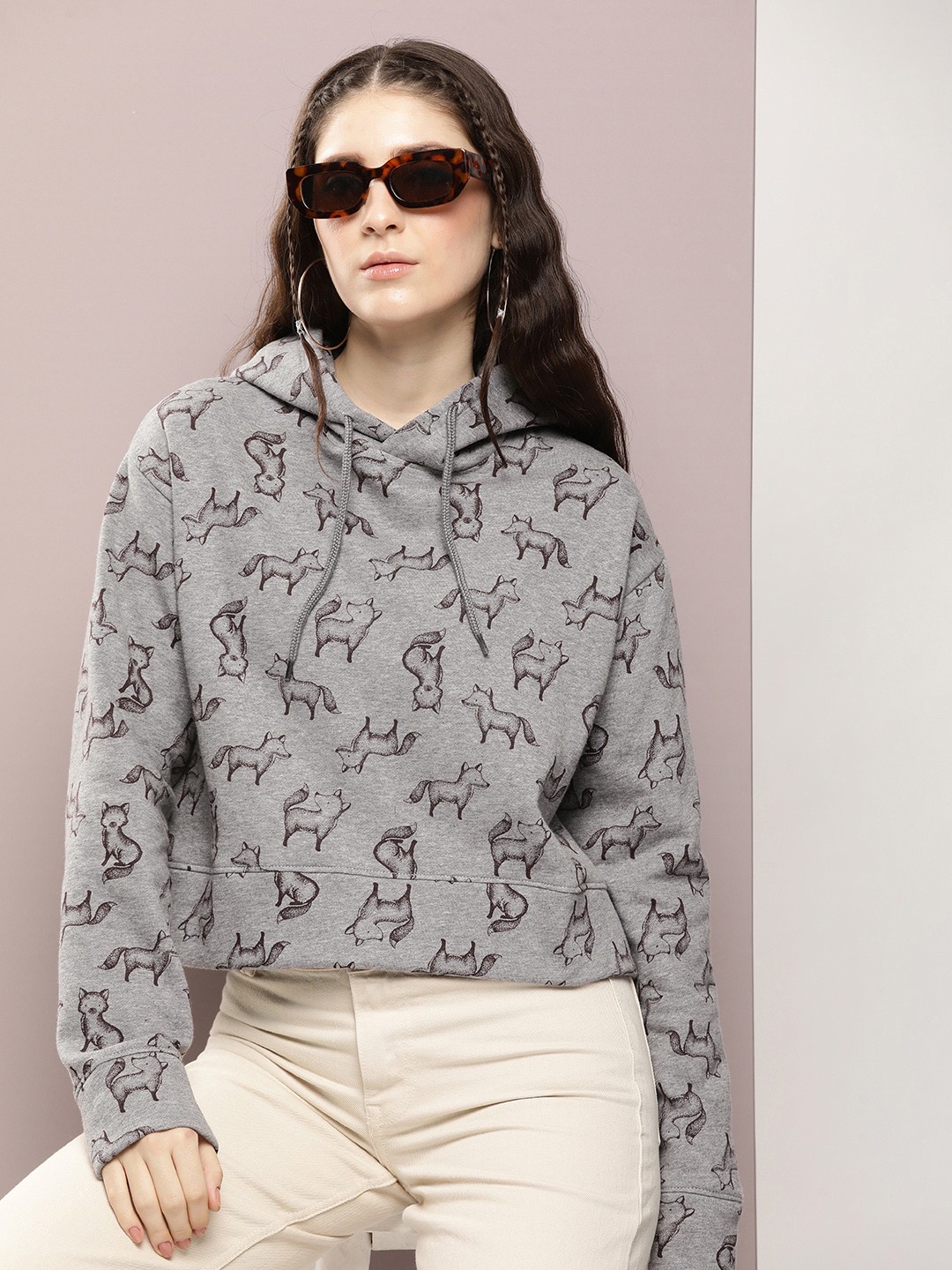 

Kook N Keech Women Printed Hooded Sweatshirt, Grey melange