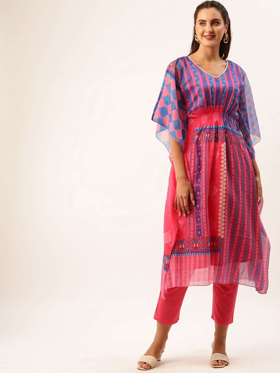 

ODETTE Ethnic Motifs Printed Kaftan Kurta With Slip & Trousers, Pink