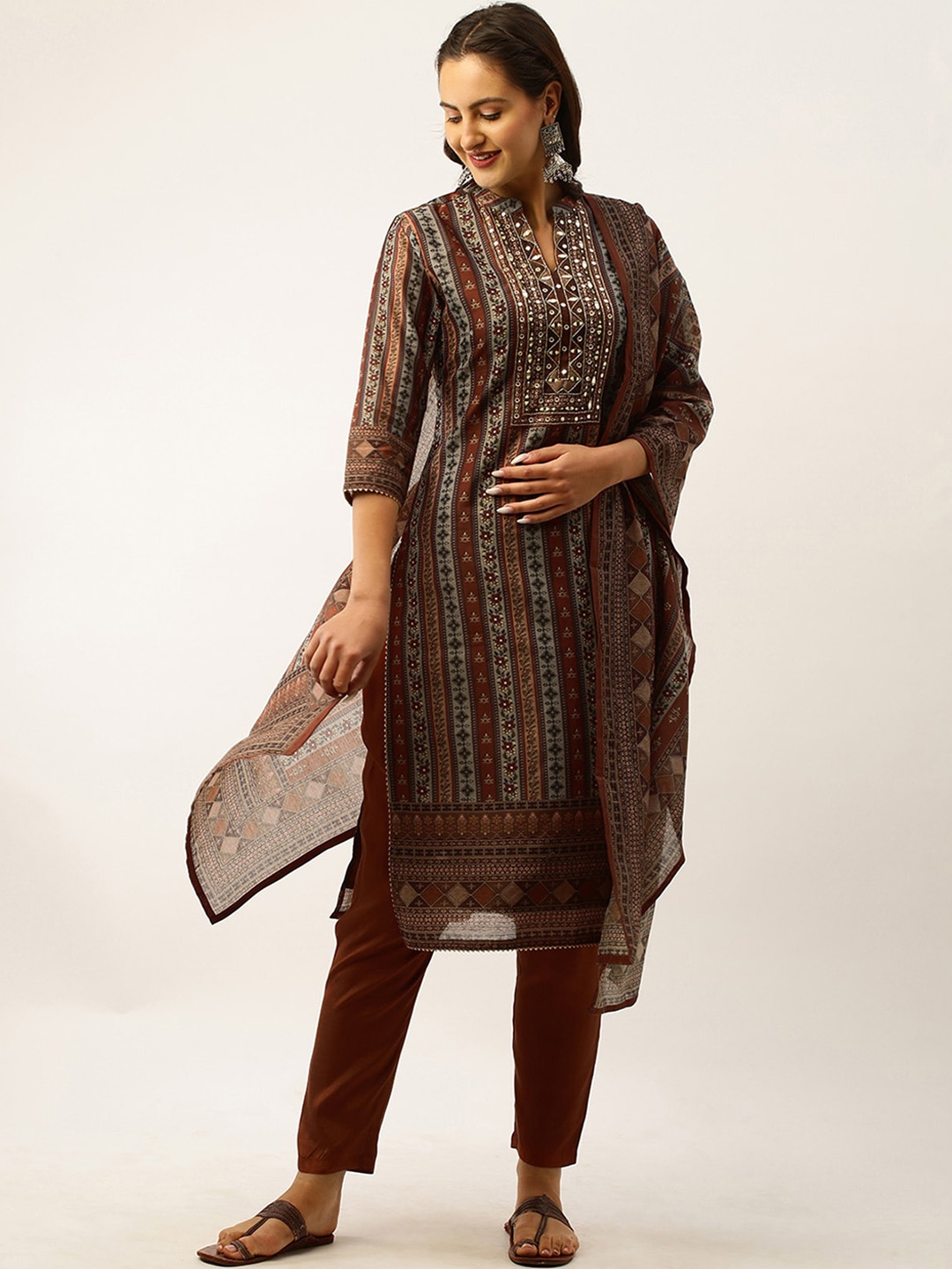 

ODETTE Ethnic Motifs Printed Kurta With Trousers & Dupatta, Rust