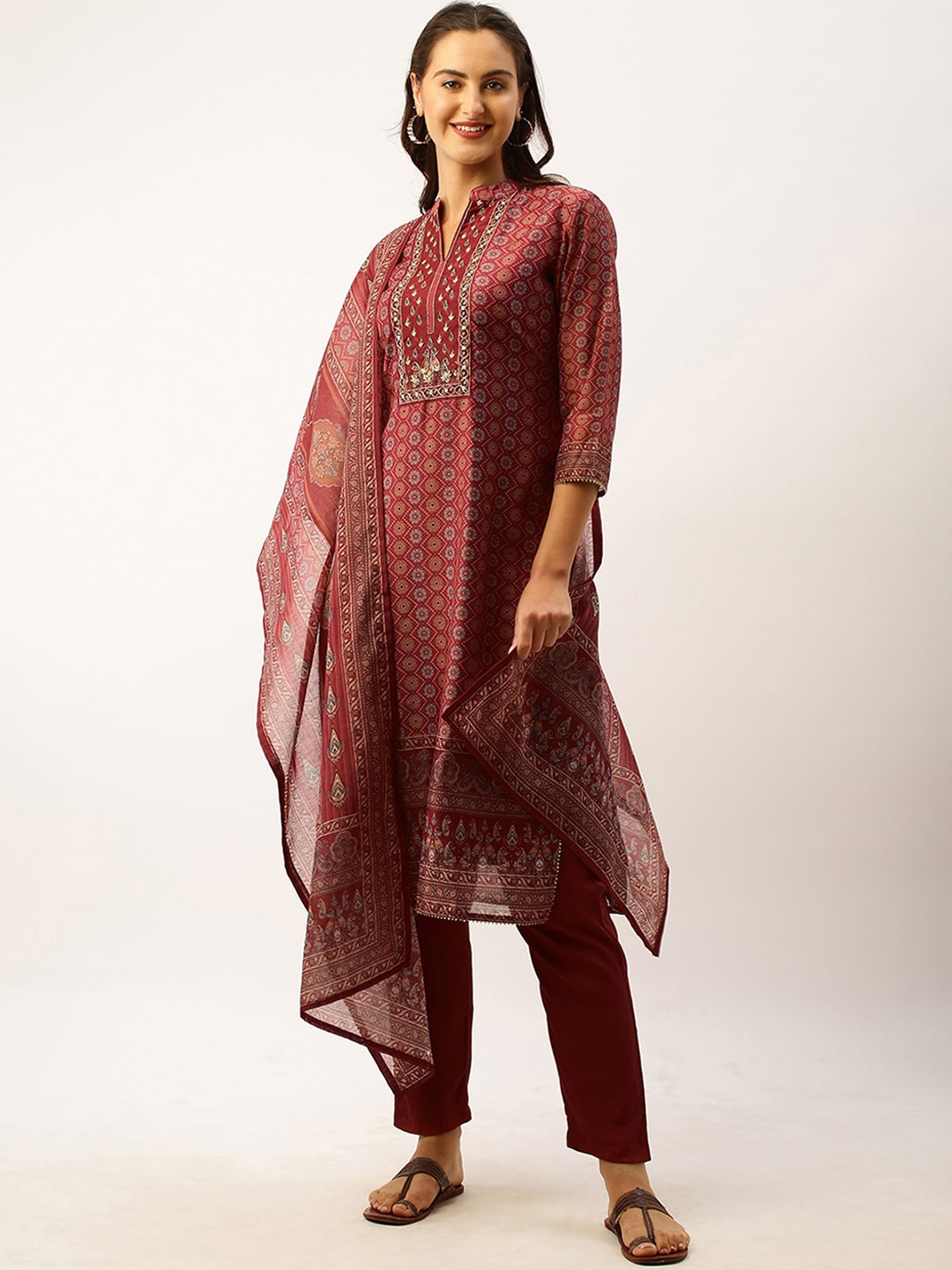 

ODETTE Ethnic Motifs Printed Mandarin Collar Thread Work Kurta & Trousers With Dupatta, Red