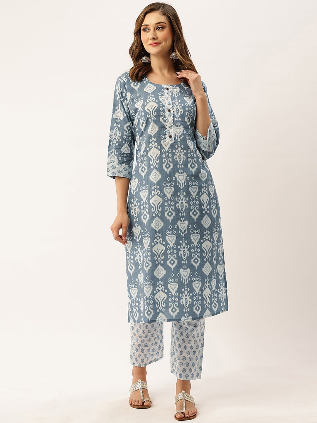 

ODETTE Ethnic Motifs Printed Regular Kurta with Trousers, Blue