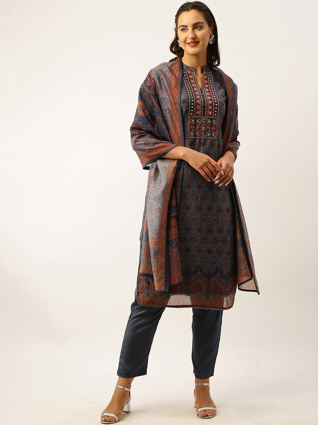 

ODETTE Ethnic Motifs Printed Thread Work Kurta with Trousers & With Dupatta, Grey