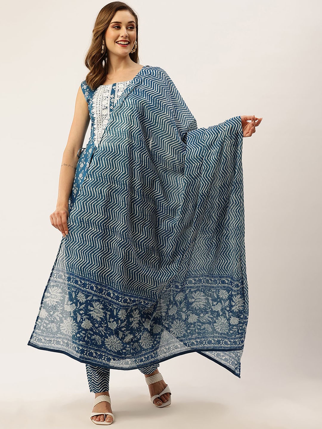 

ODETTE Floral Printed Pleated Thread Work Kurta with Trousers & With Dupatta, Blue