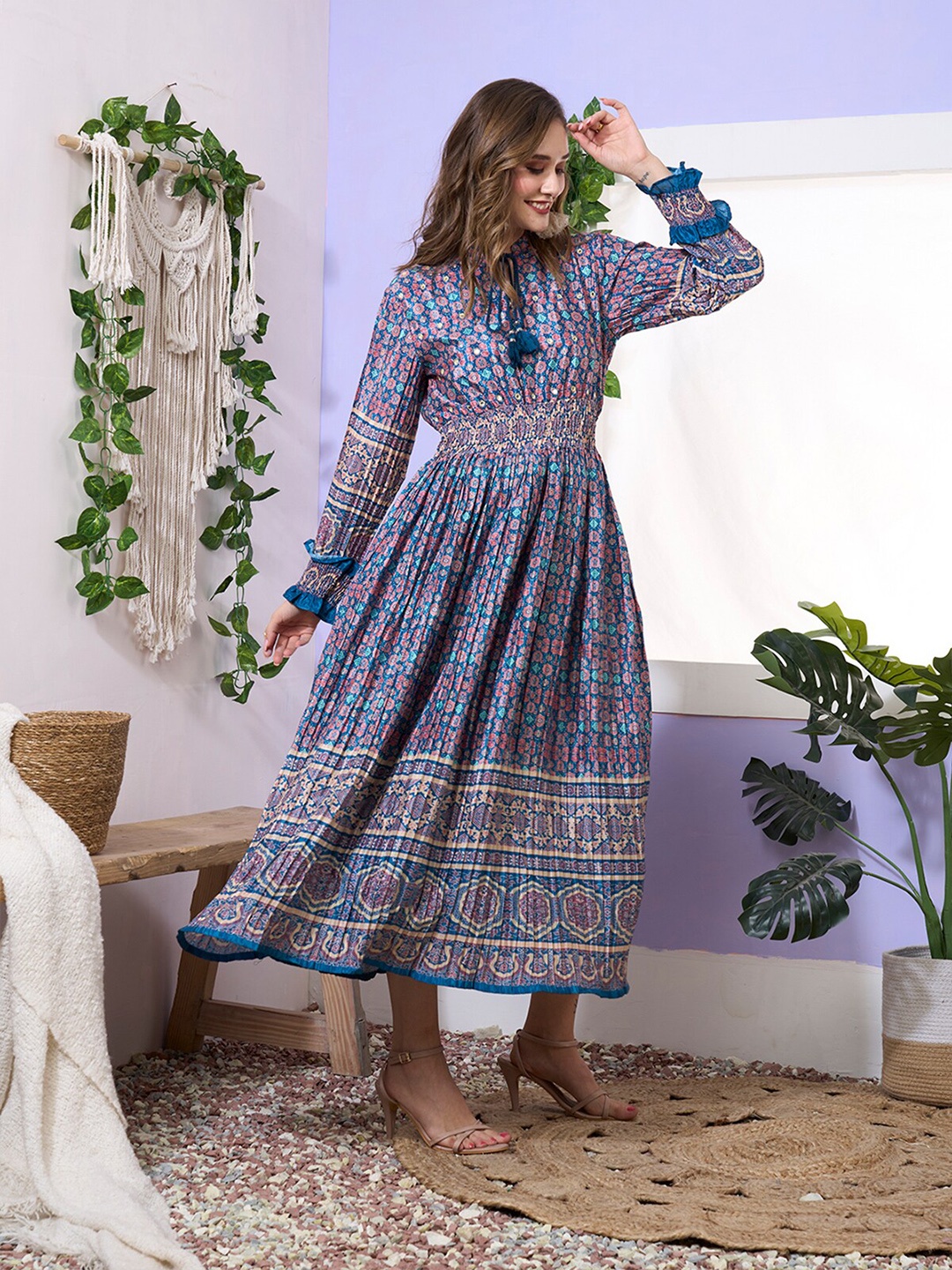 

ODETTE Ethnic Motifs Printed Tie-Up Neck Cuffed Sleeve Fit & Flare Midi Ethnic Dress, Blue