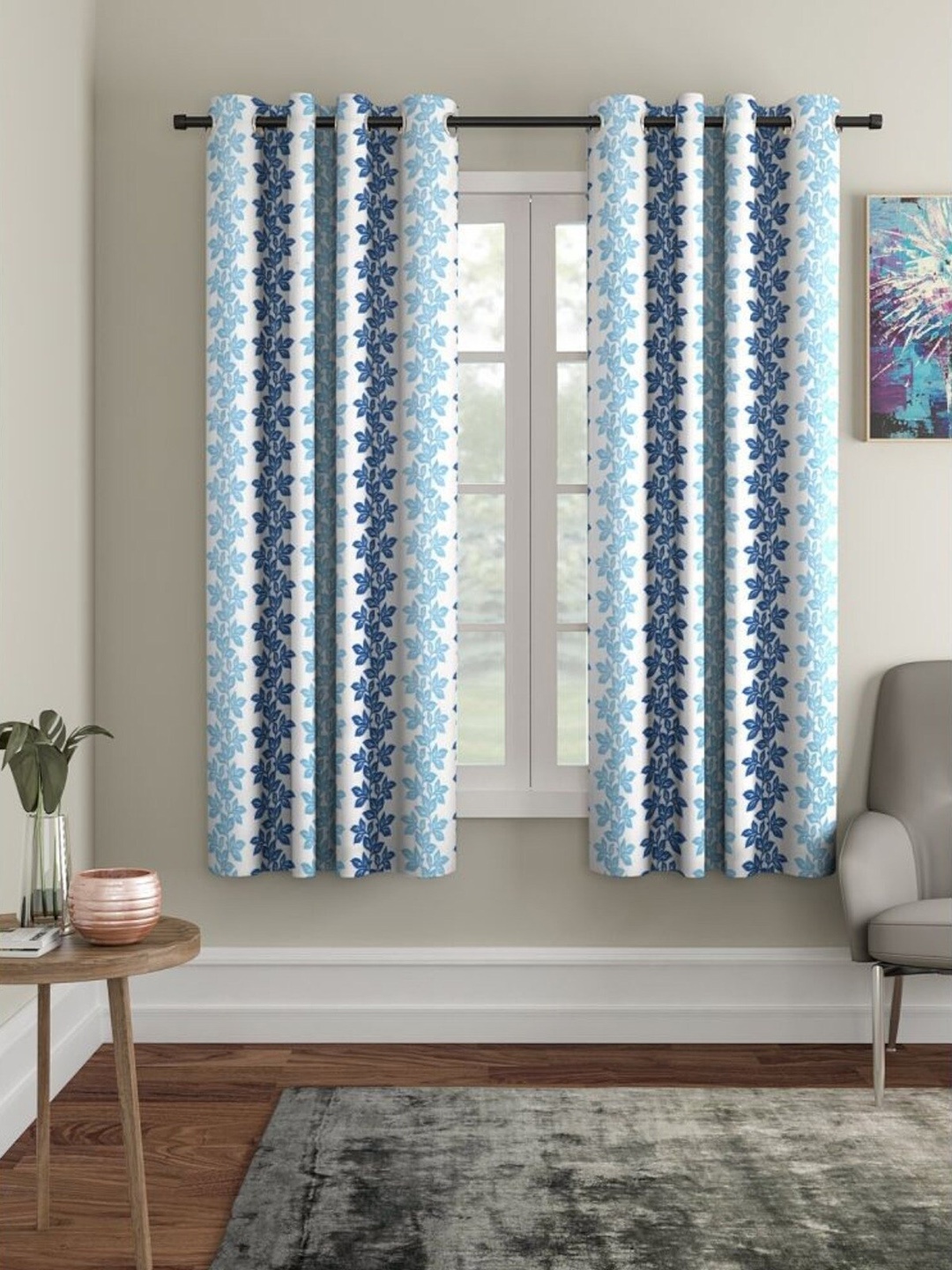 

HOMETALES 2 Pcs White & Blue Floral Room Darkening Window Curtain